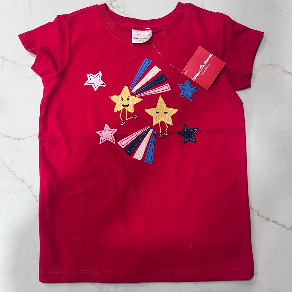 Hanna Andersson Girls Star Appliqué Tee NWT Size 140 (10Y) • Red Cotton T-Shirt